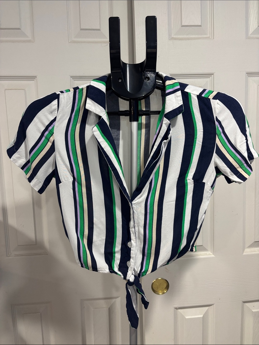Revamped Navy, White & Green Striped Tie-Front Crop Top